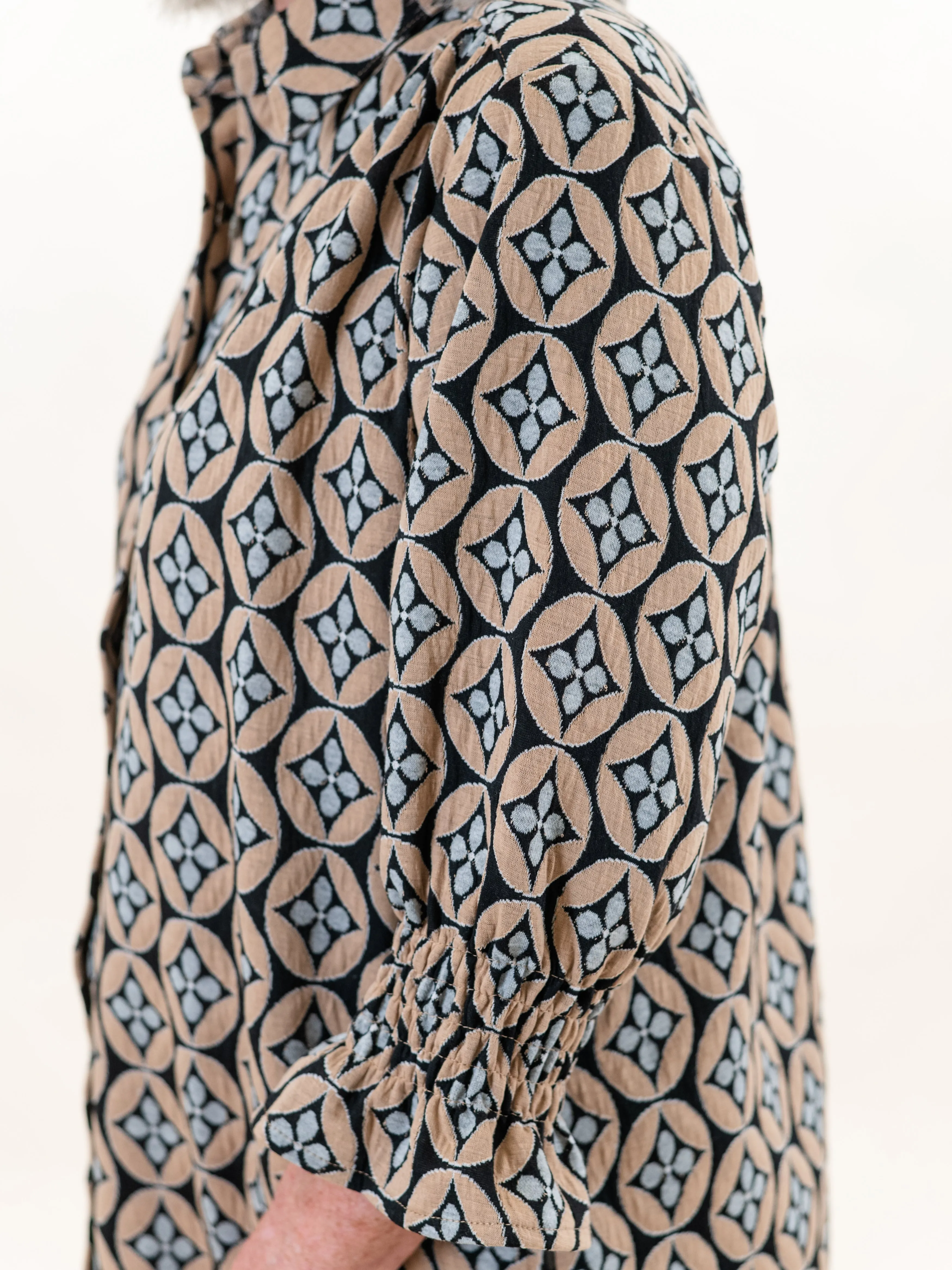 3/4 Sleeve Button Down Dress Brown/Grey by Boho Chic