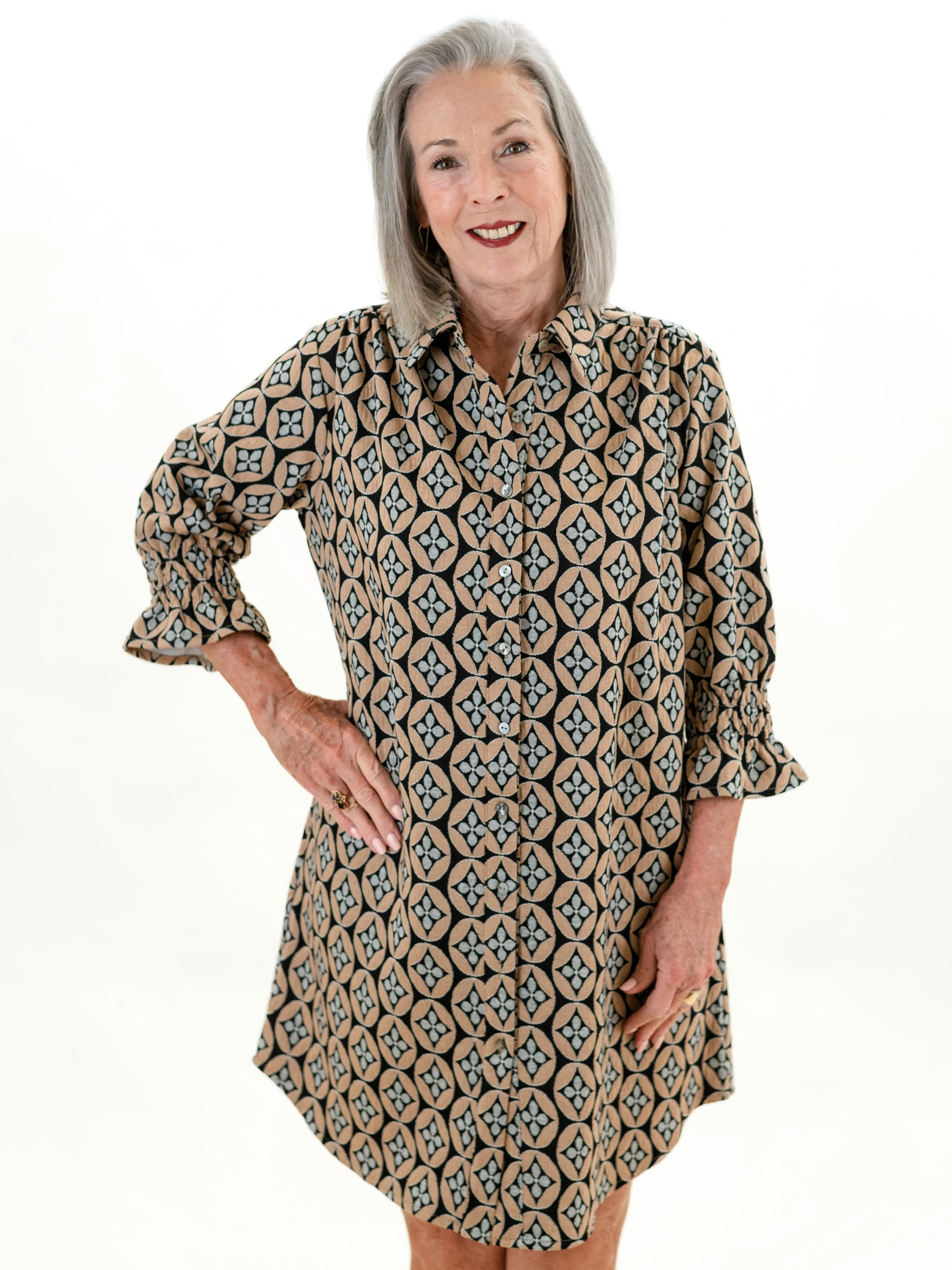 3/4 Sleeve Button Down Dress Brown/Grey by Boho Chic