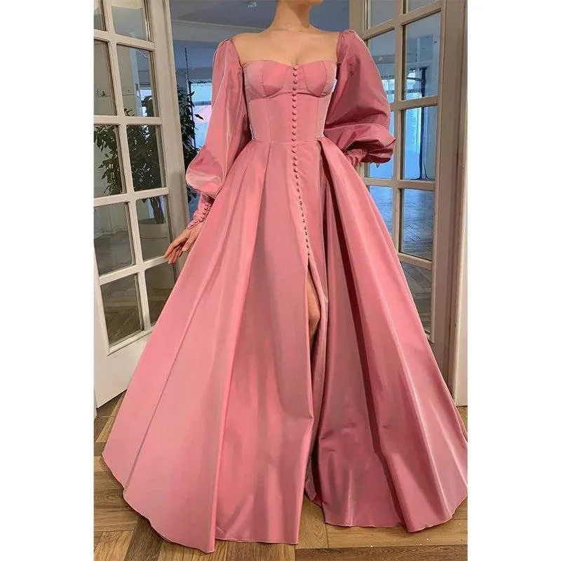 A-line Sweetheart Chic Button High Split Long Sleeves Prom Dress Formal Evening Dress