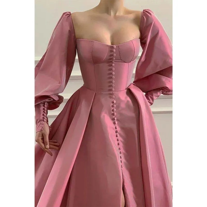 A-line Sweetheart Chic Button High Split Long Sleeves Prom Dress Formal Evening Dress