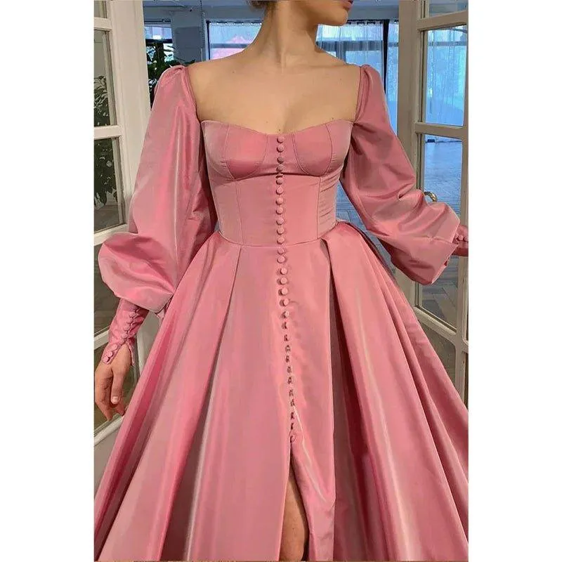 A-line Sweetheart Chic Button High Split Long Sleeves Prom Dress Formal Evening Dress