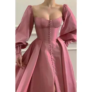 A-line Sweetheart Chic Button High Split Long Sleeves Prom Dress Formal Evening Dress