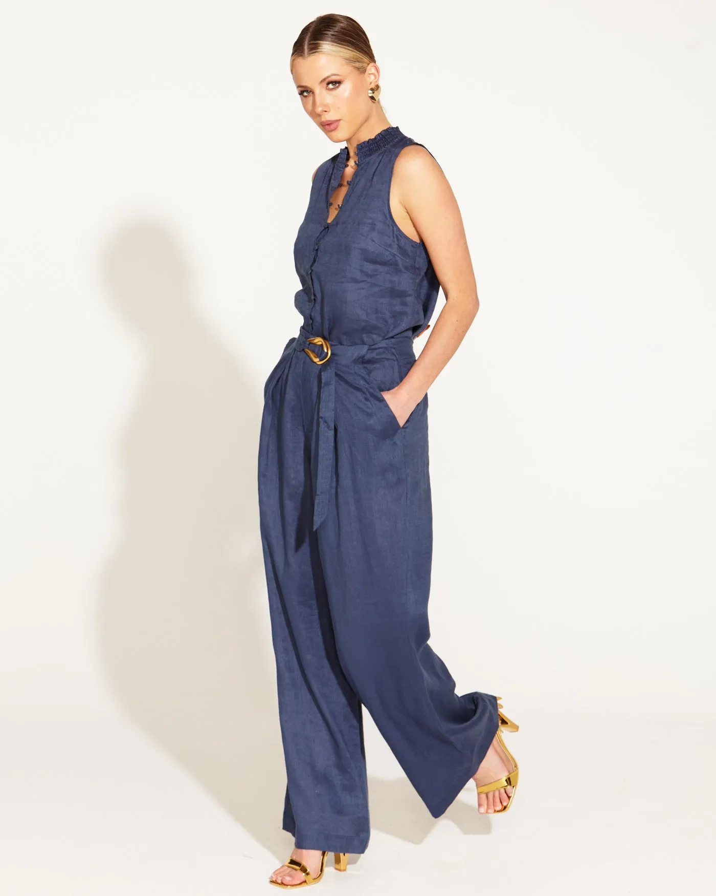 A Walk In The Park High Waisted Belted Wide Linen Leg Pant - Navy