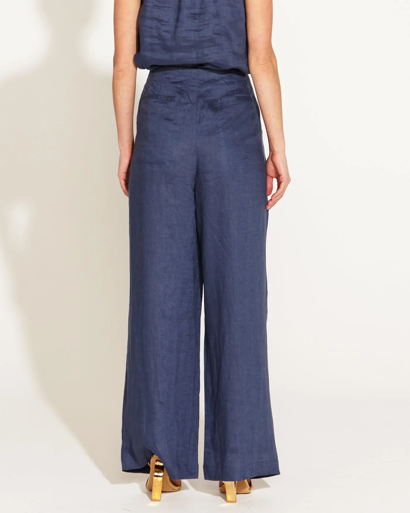 A Walk In The Park High Waisted Belted Wide Linen Leg Pant - Navy