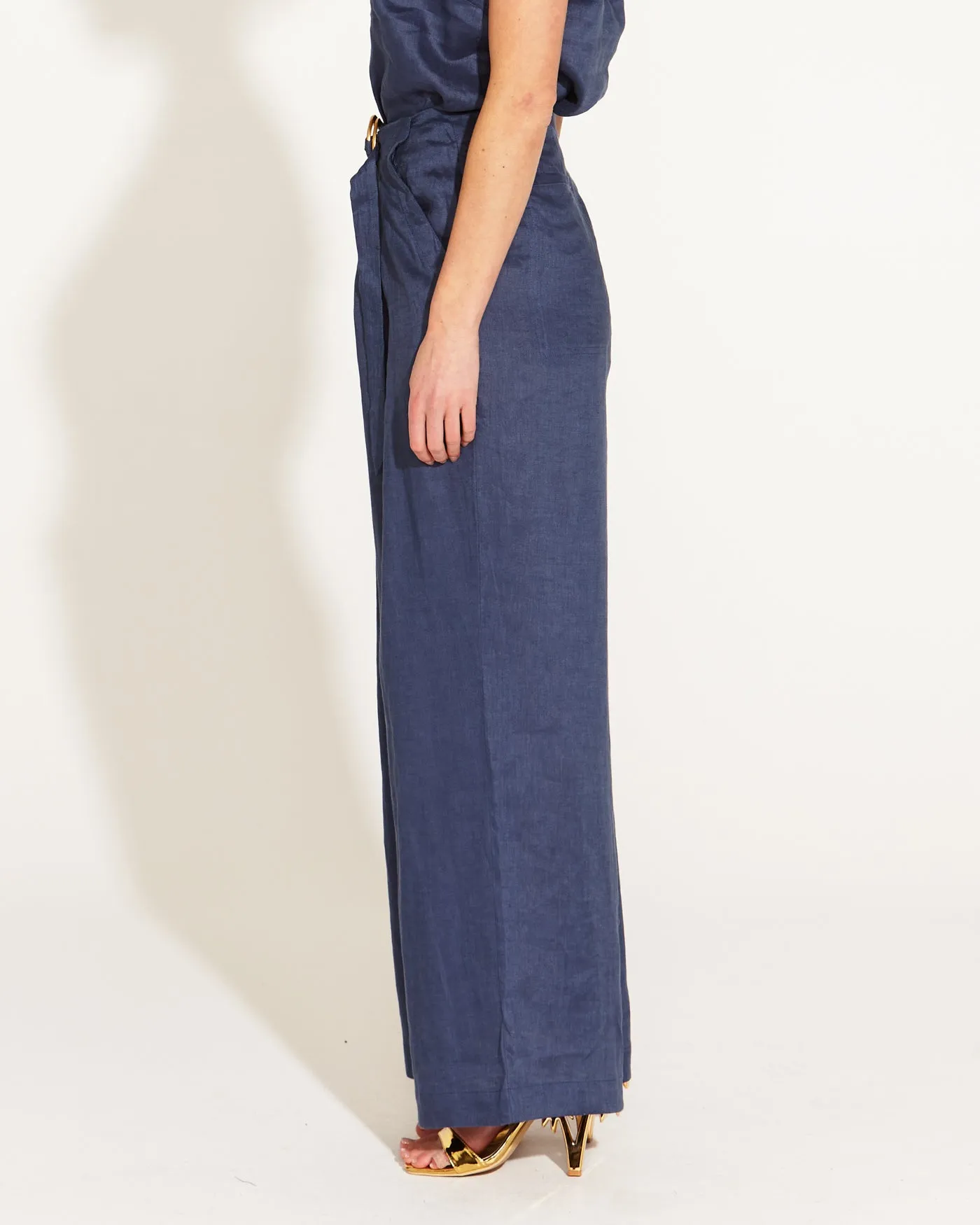 A Walk In The Park High Waisted Belted Wide Linen Leg Pant - Navy
