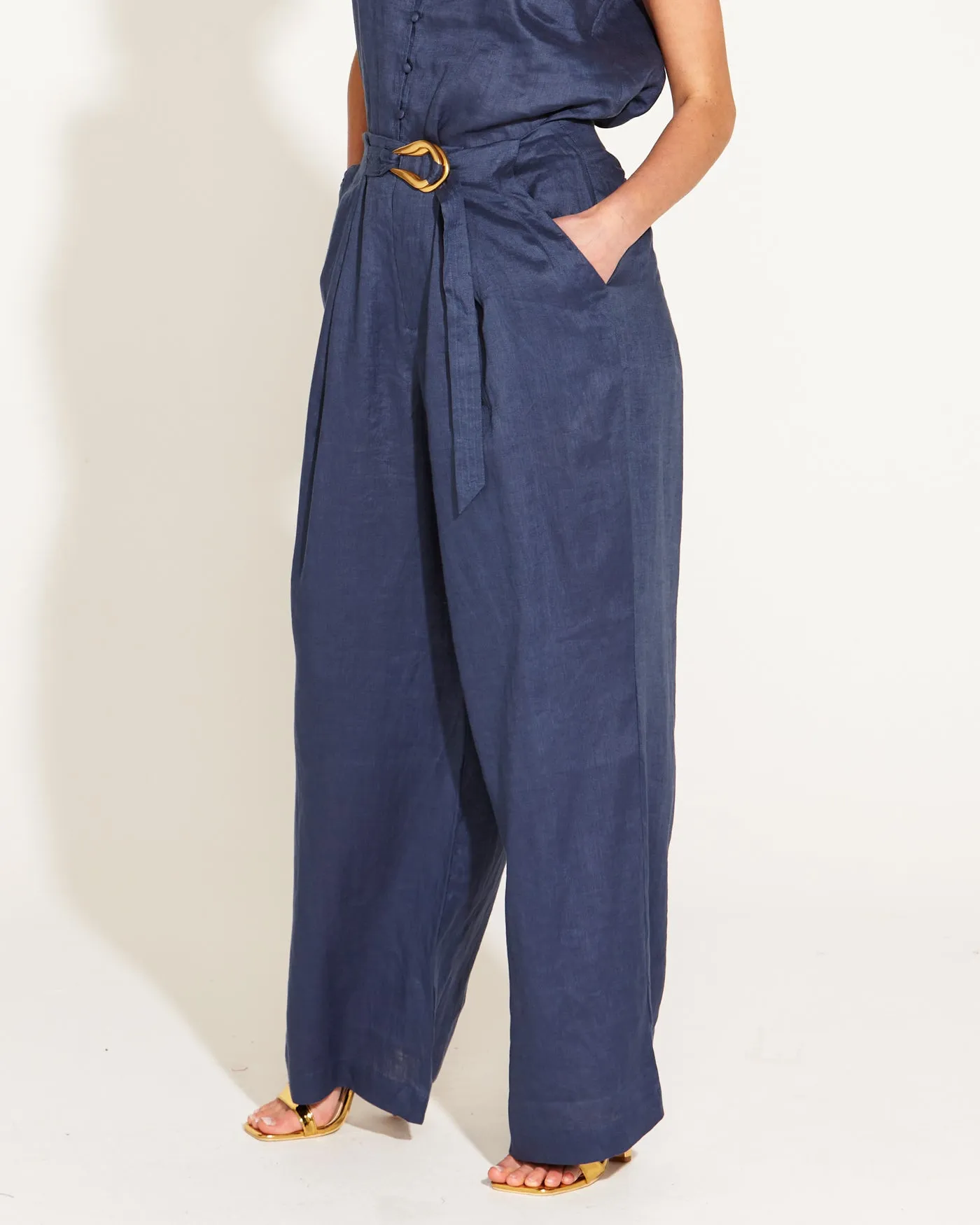 A Walk In The Park High Waisted Belted Wide Linen Leg Pant - Navy