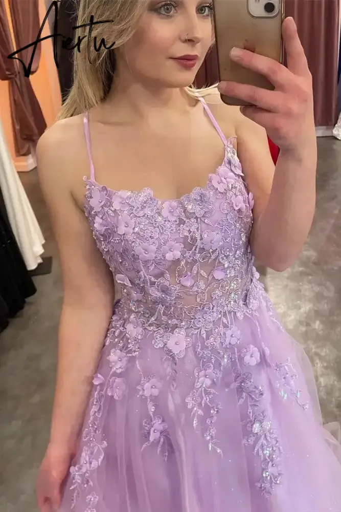Aiertu   Prom Dresses Sparkly Bling Lace Applique Floral Illusion Formal Party Evening Gowns Graduation Dresses Custom made