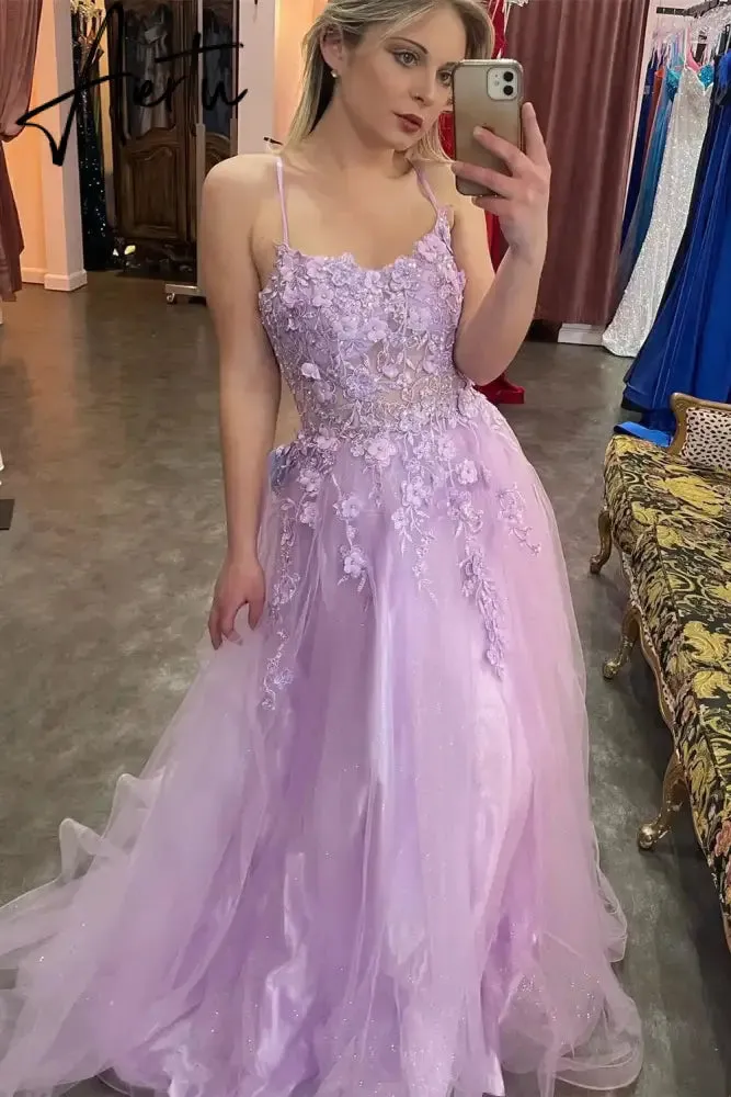 Aiertu   Prom Dresses Sparkly Bling Lace Applique Floral Illusion Formal Party Evening Gowns Graduation Dresses Custom made