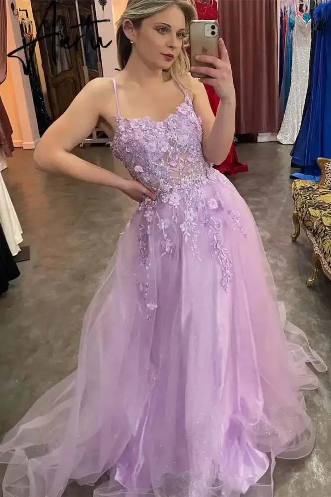 Aiertu   Prom Dresses Sparkly Bling Lace Applique Floral Illusion Formal Party Evening Gowns Graduation Dresses Custom made