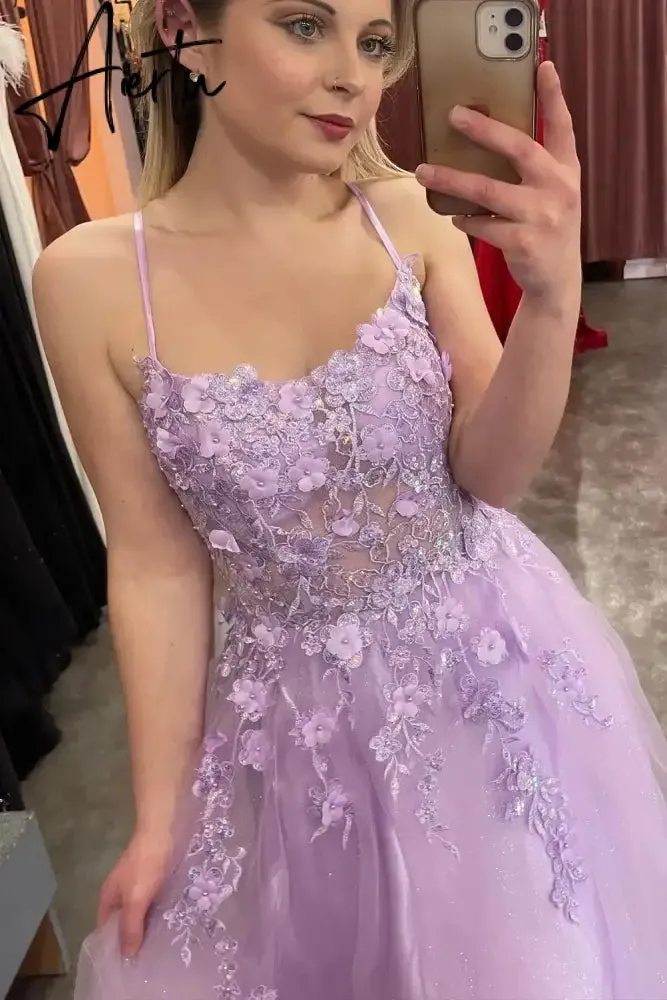 Aiertu   Prom Dresses Sparkly Bling Lace Applique Floral Illusion Formal Party Evening Gowns Graduation Dresses Custom made