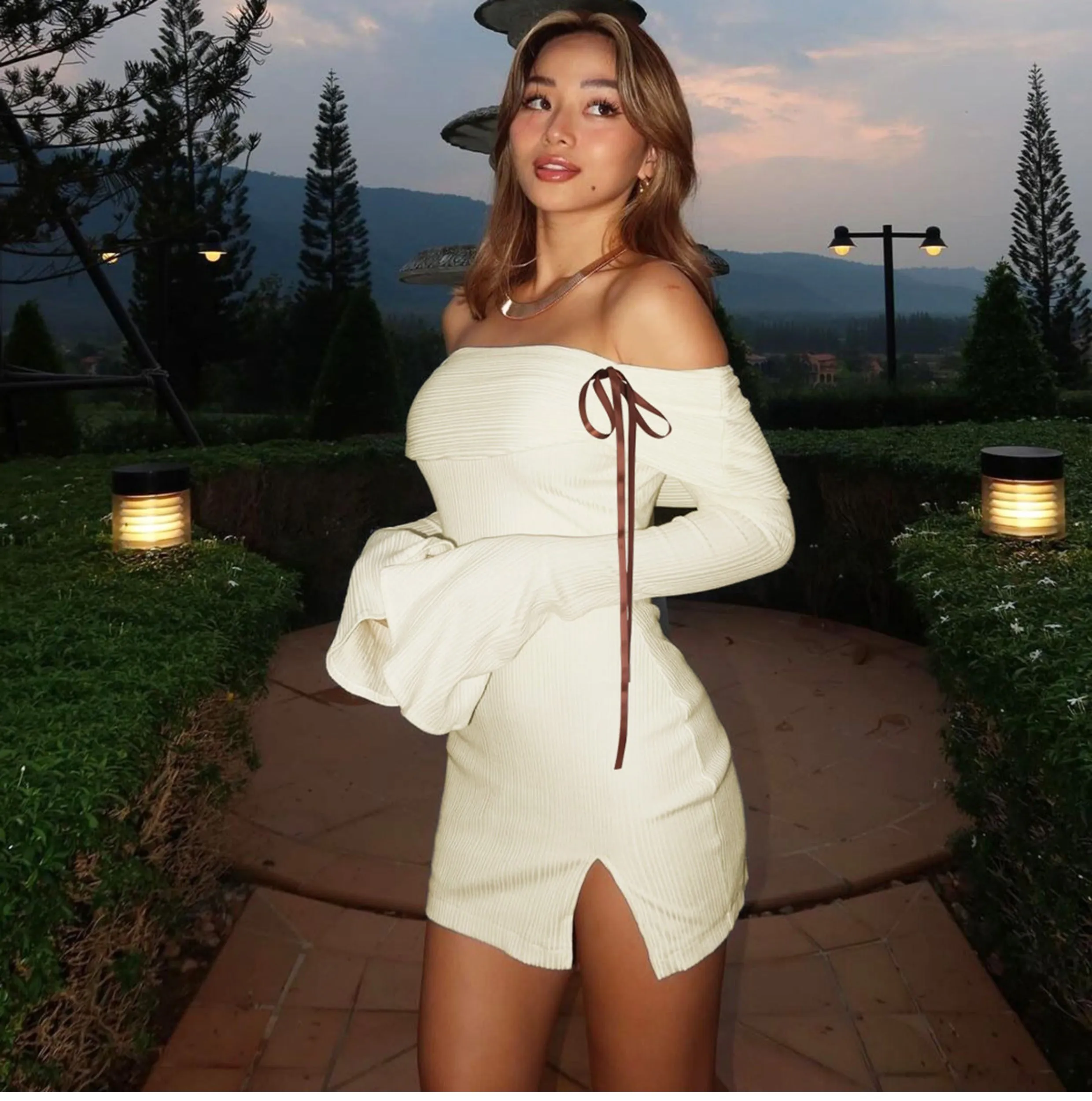 Amozae-Christmas Outfits New Year's Eve Dress Night Out Club Dresses cute winter outfits Marley Off-Shoulder Ribbon Mini Dress