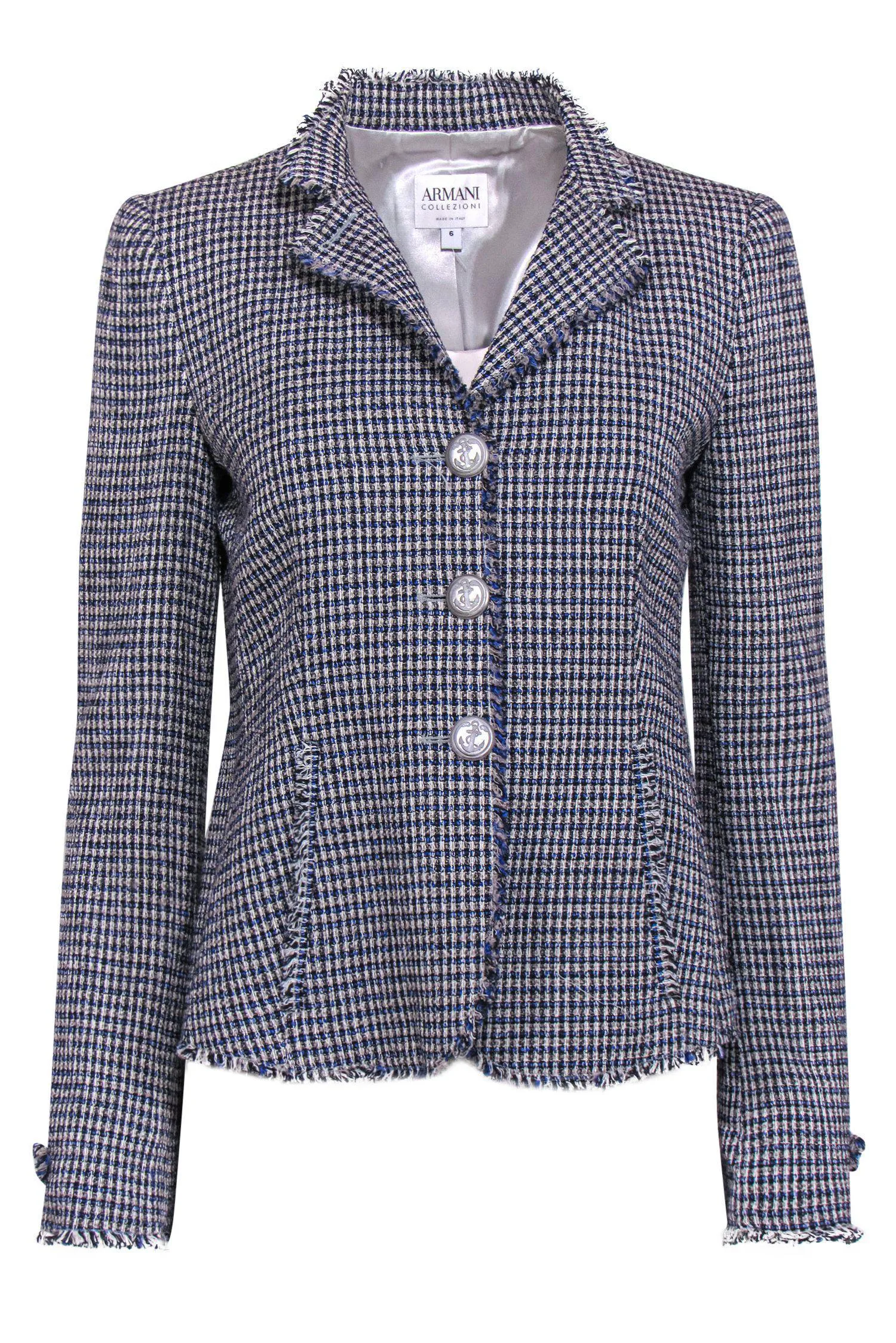 Armani Collezioni - Blue & White Patterned Tweed Jacket w/ Anchor Buttons Sz 6