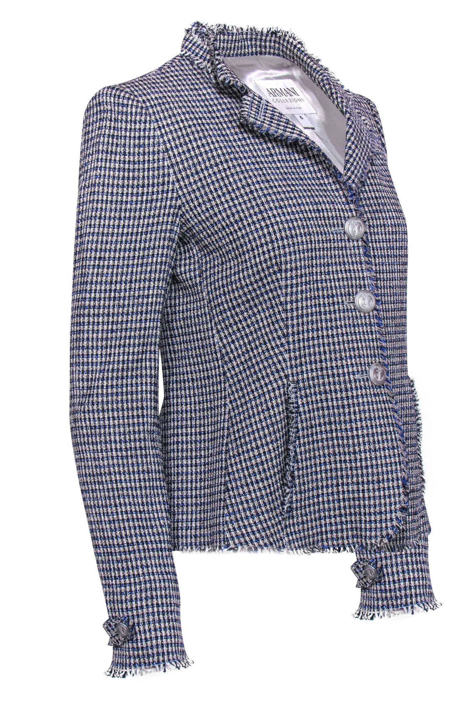 Armani Collezioni - Blue & White Patterned Tweed Jacket w/ Anchor Buttons Sz 6