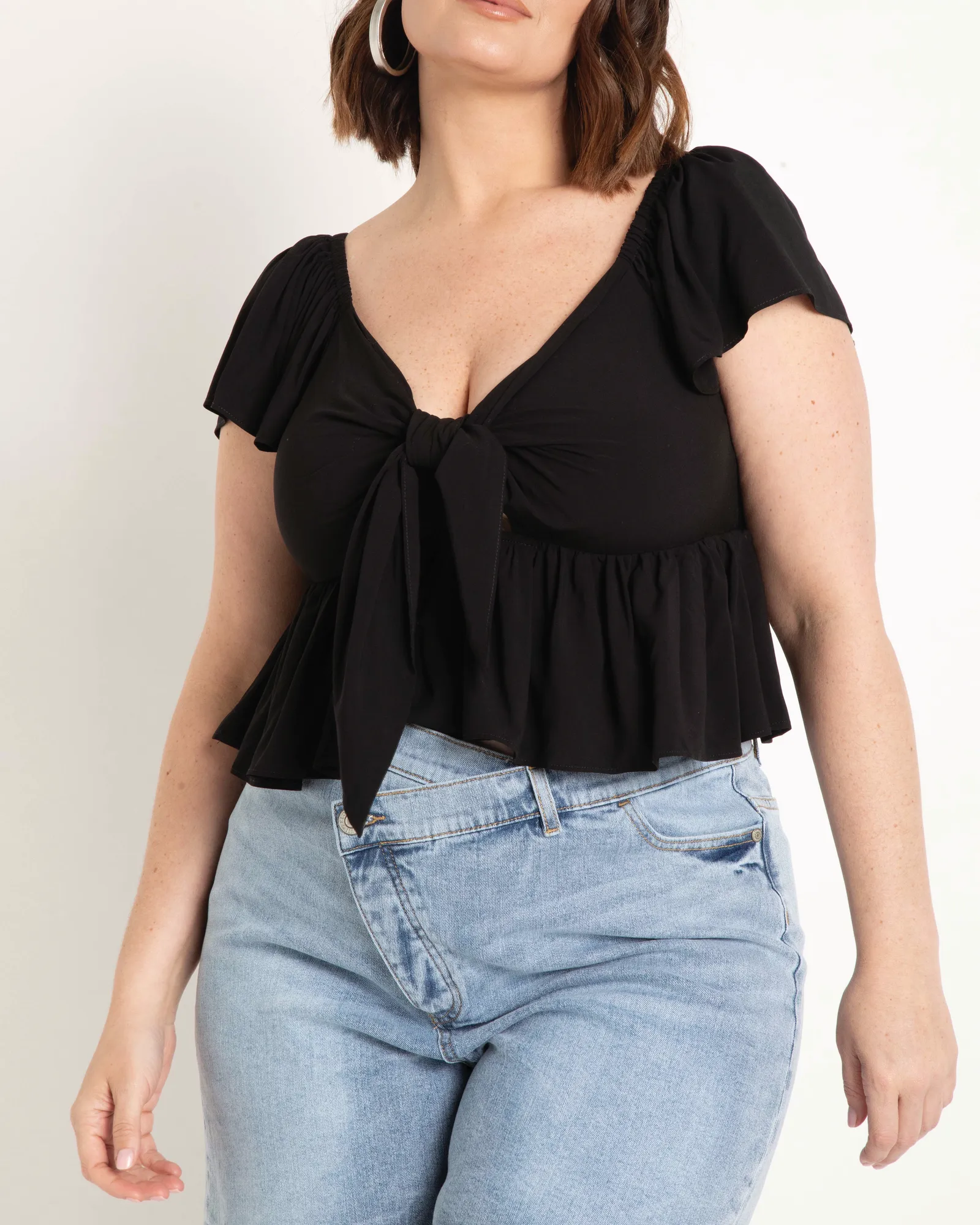 Bella Tie Front Peplum Top | Totally Black
