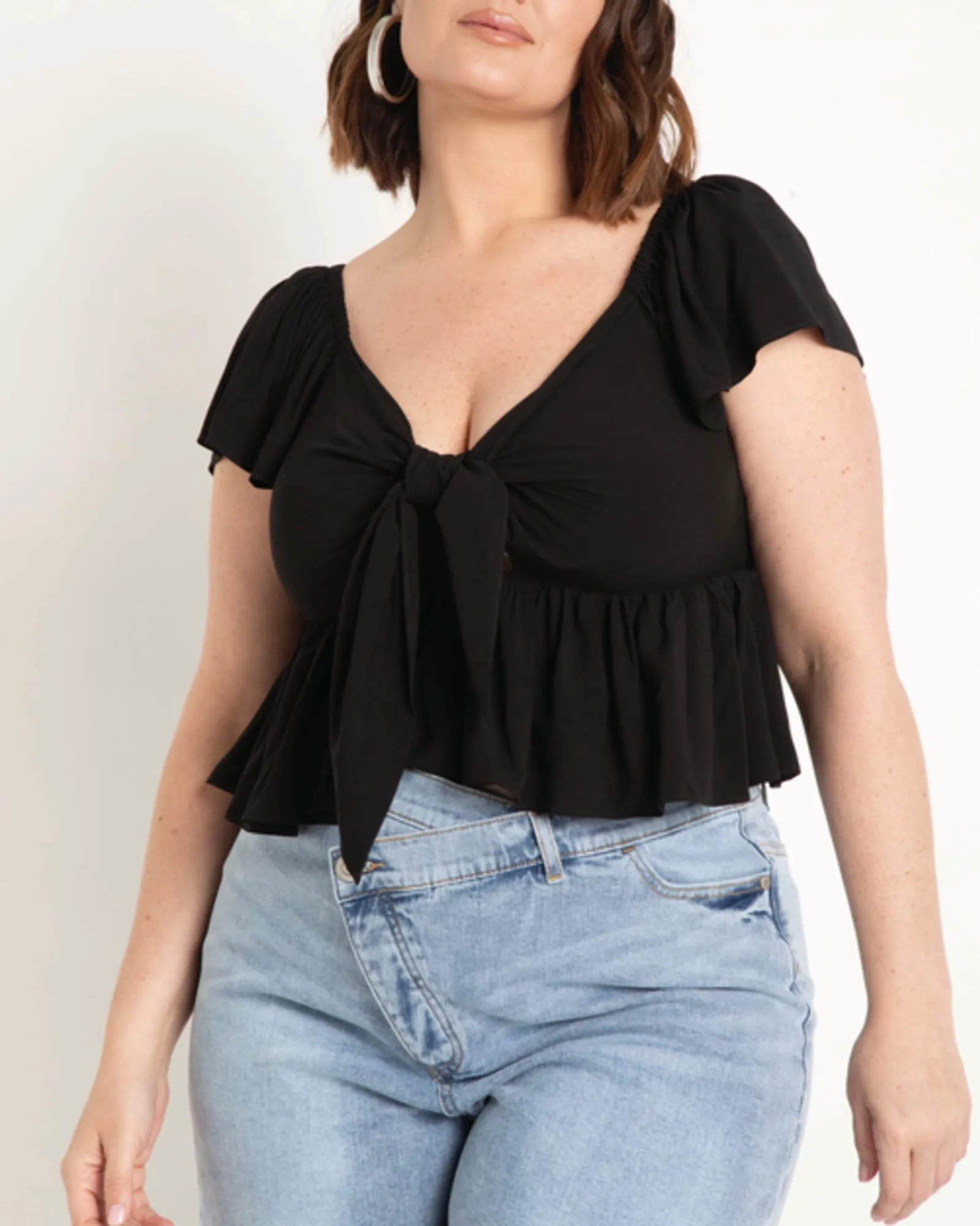 Bella Tie Front Peplum Top | Totally Black