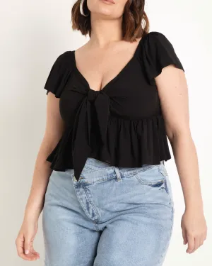 Bella Tie Front Peplum Top | Totally Black