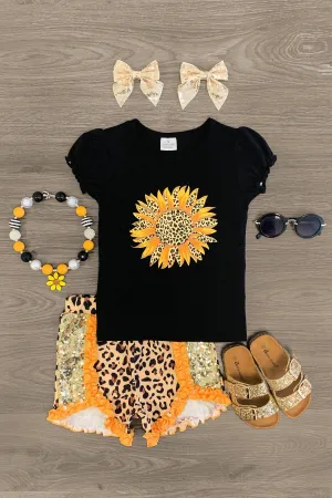 Black Cheetah Sunflower Sequin Short Set