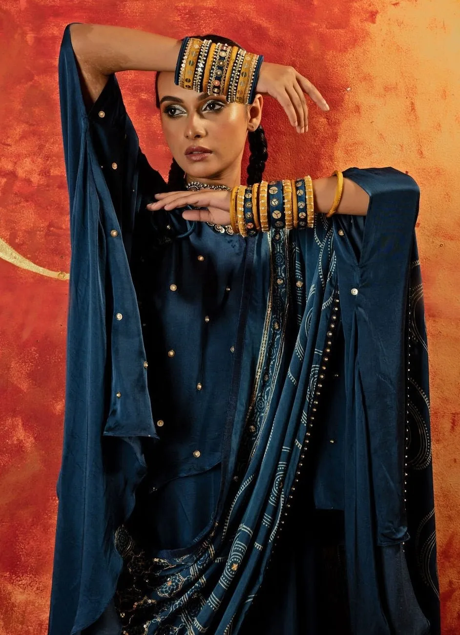 Blue Indigo Anti-Fit Asymmetric Tunic Skirt Set With Draped Dupatta