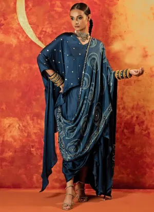 Blue Indigo Anti-Fit Asymmetric Tunic Skirt Set With Draped Dupatta