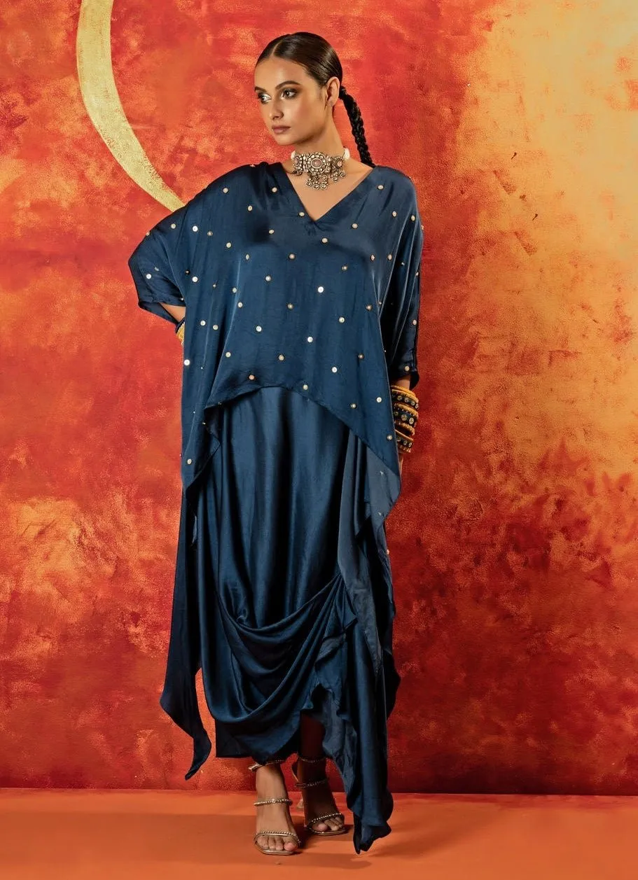 Blue Indigo Anti-Fit Asymmetric Tunic Skirt Set With Draped Dupatta