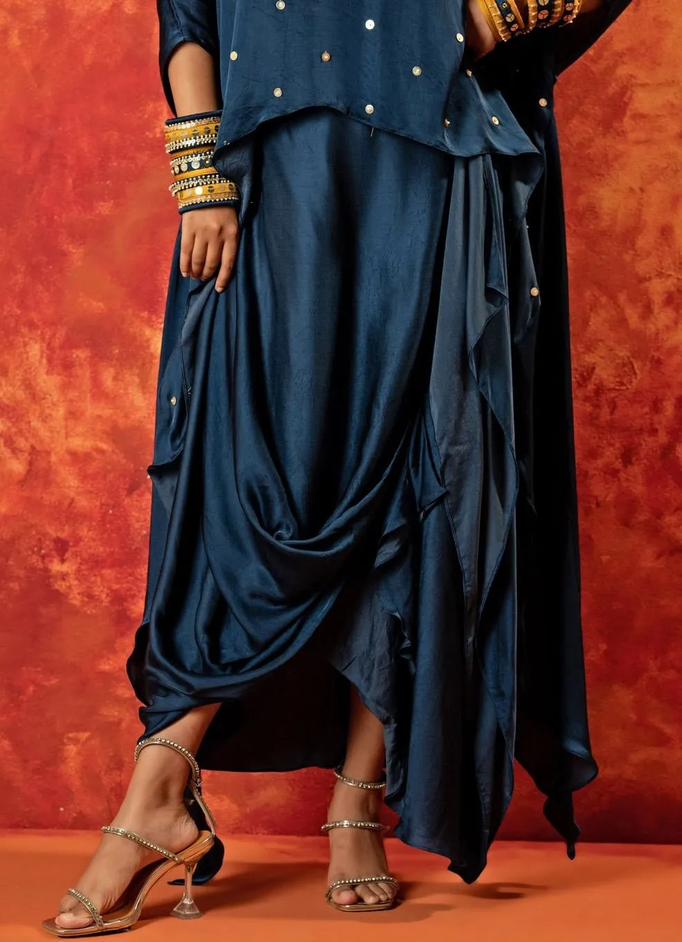 Blue Indigo Anti-Fit Asymmetric Tunic Skirt Set With Draped Dupatta