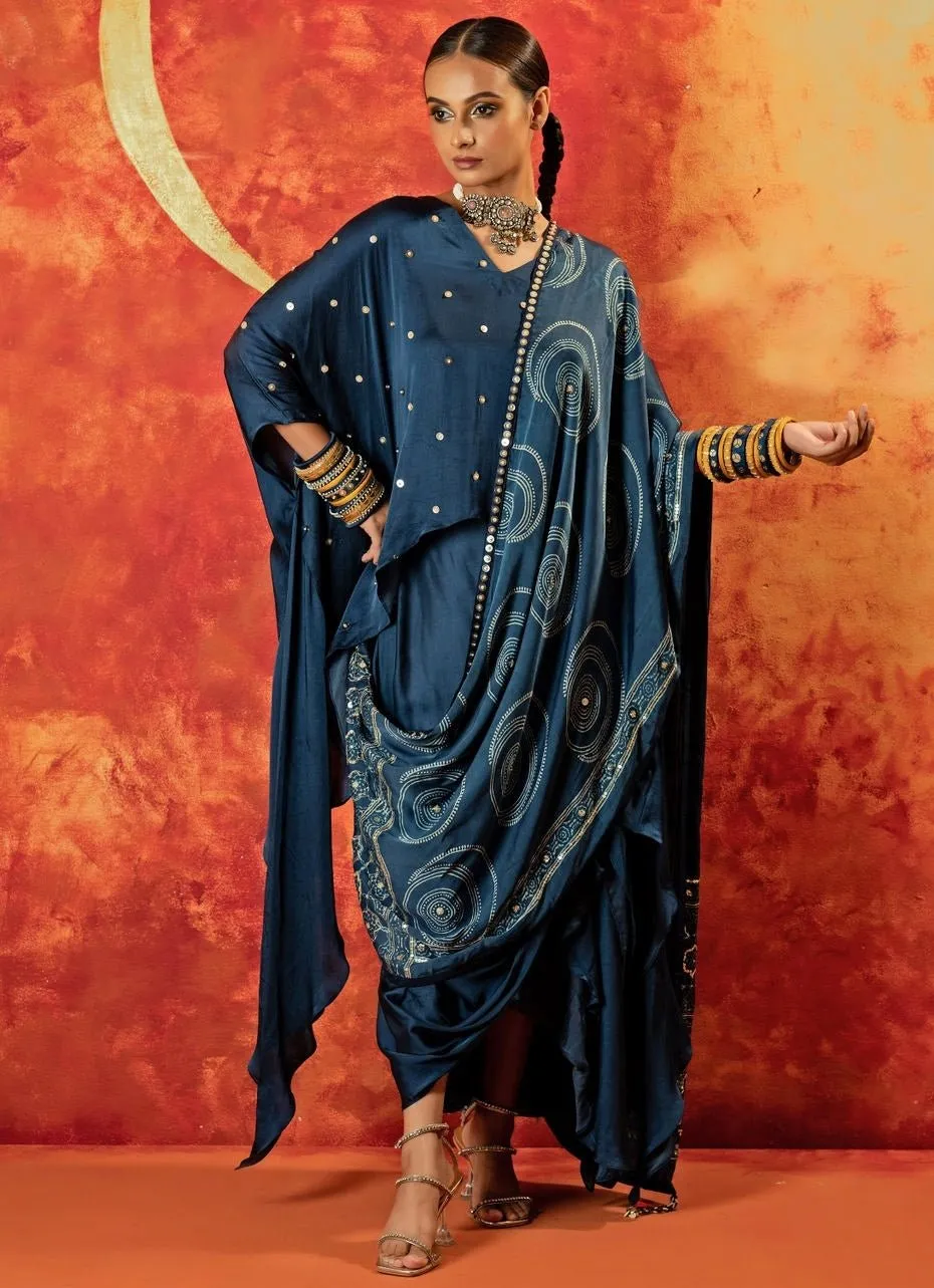 Blue Indigo Anti-Fit Asymmetric Tunic Skirt Set With Draped Dupatta