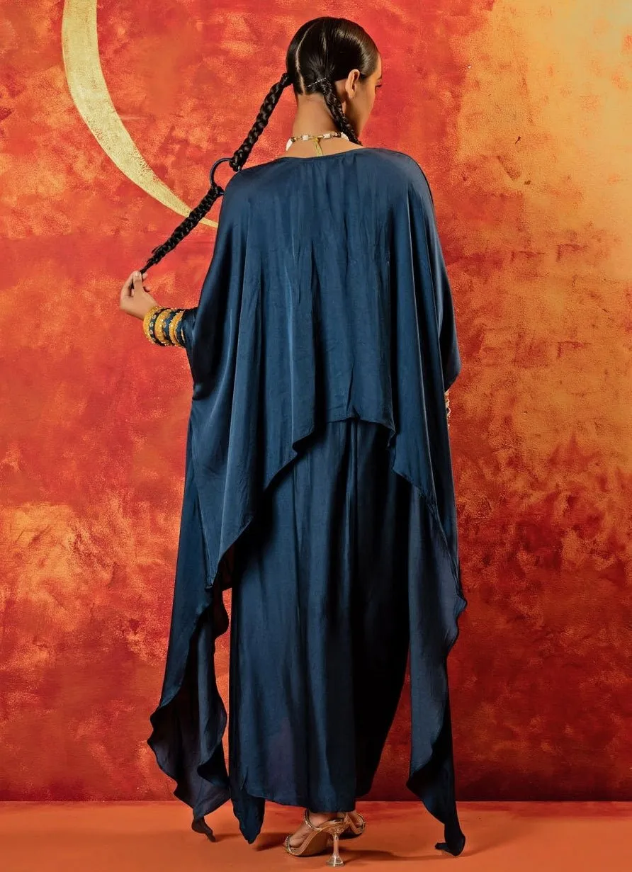 Blue Indigo Anti-Fit Asymmetric Tunic Skirt Set With Draped Dupatta