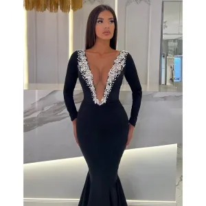 Chic & Modern V-neck Beaded Black Long Long Sleeves Evening Prom Dress