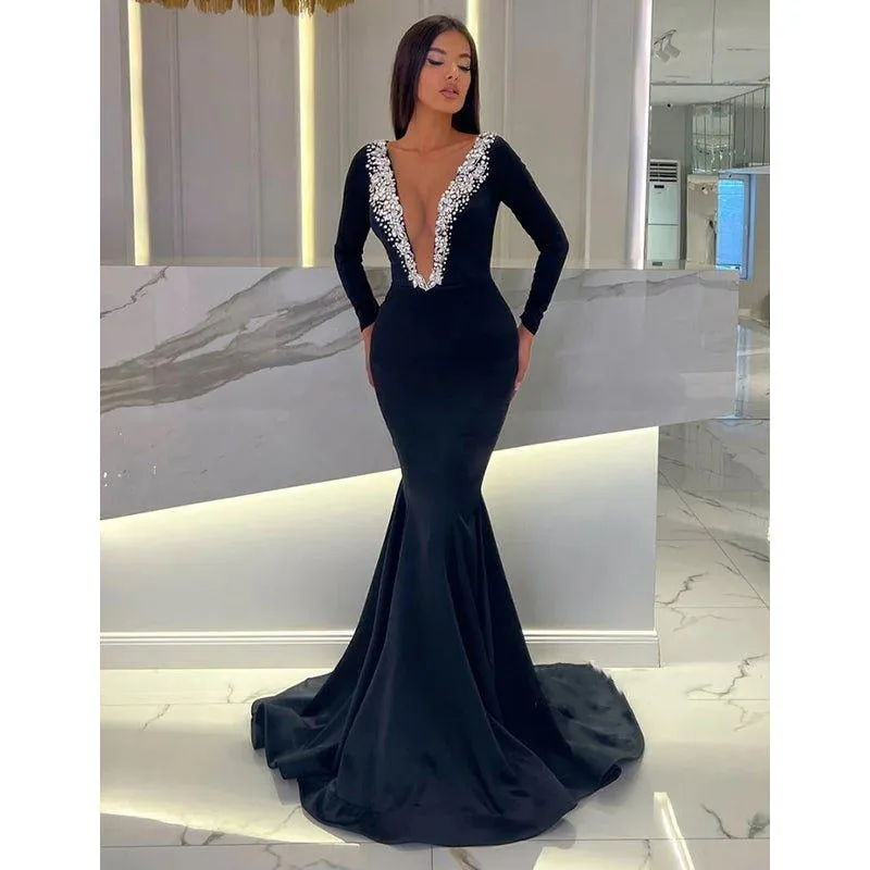 Chic & Modern V-neck Beaded Black Long Long Sleeves Evening Prom Dress