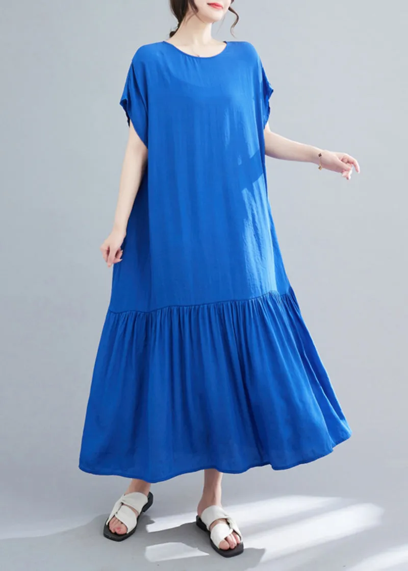 Chic Blue Oversized Patchwork Wrinkled Cotton Robe Dresses Summer LY5352