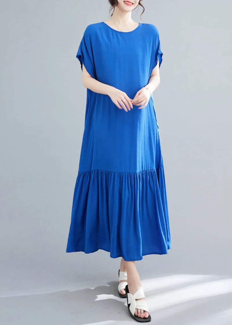 Chic Blue Oversized Patchwork Wrinkled Cotton Robe Dresses Summer LY5352