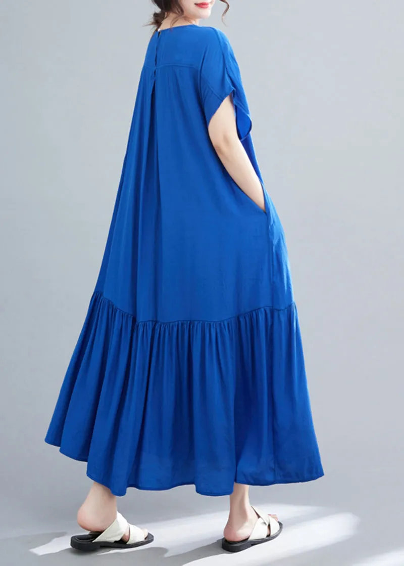 Chic Blue Oversized Patchwork Wrinkled Cotton Robe Dresses Summer LY5352