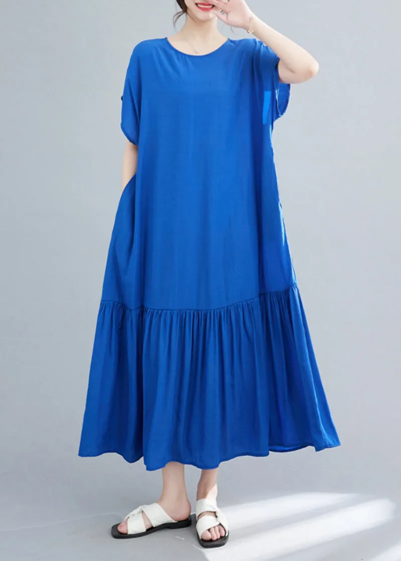 Chic Blue Oversized Patchwork Wrinkled Cotton Robe Dresses Summer LY5352