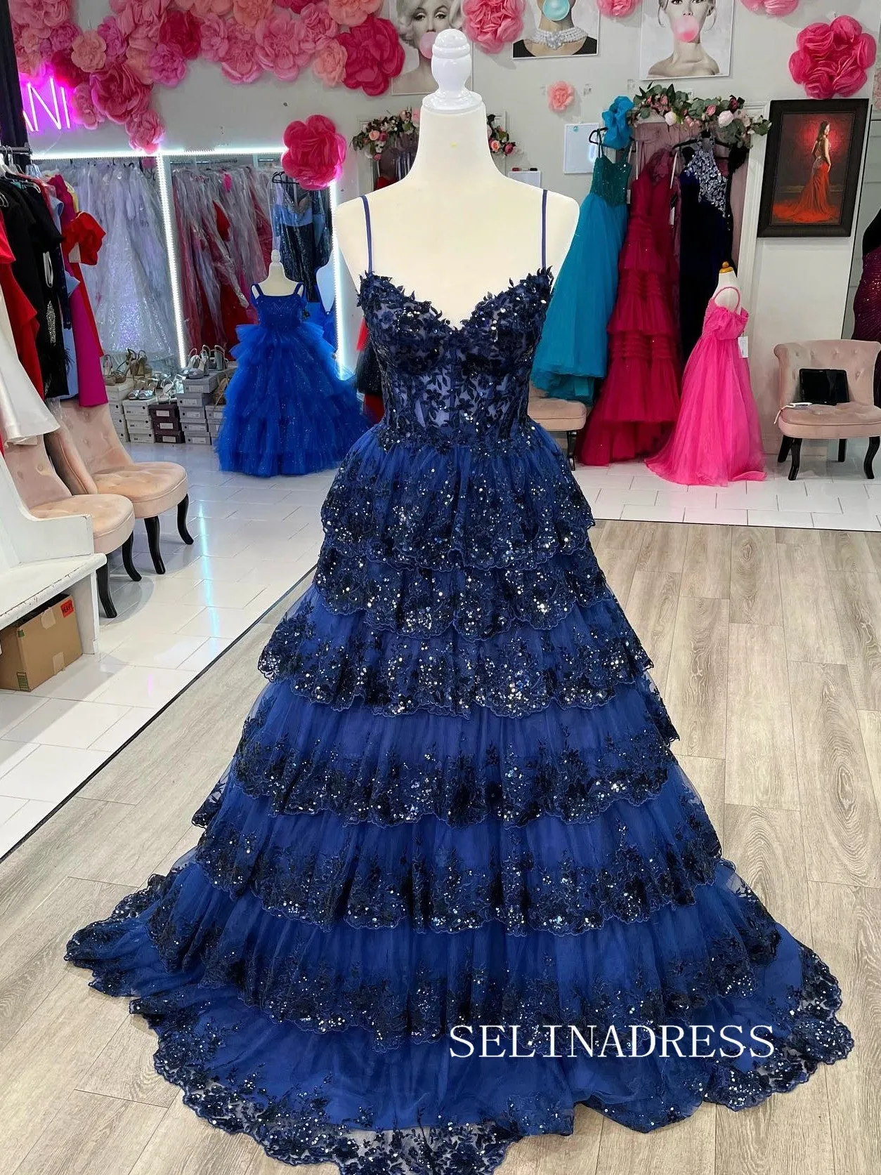 Chic Dark Navy Long Prom Dresses Sequins Lace Layered Evening Dress #TKL208