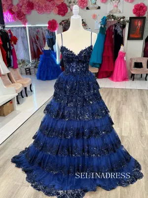 Chic Dark Navy Long Prom Dresses Sequins Lace Layered Evening Dress #TKL208