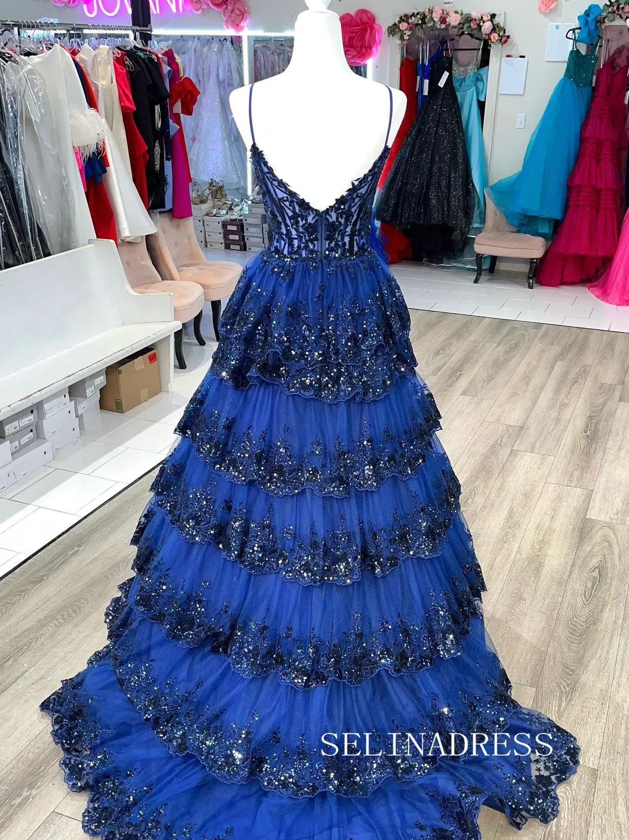 Chic Dark Navy Long Prom Dresses Sequins Lace Layered Evening Dress #TKL208