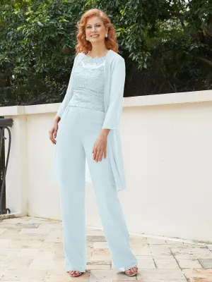 Chic Lace Top Pant Suit with Jacket Mist