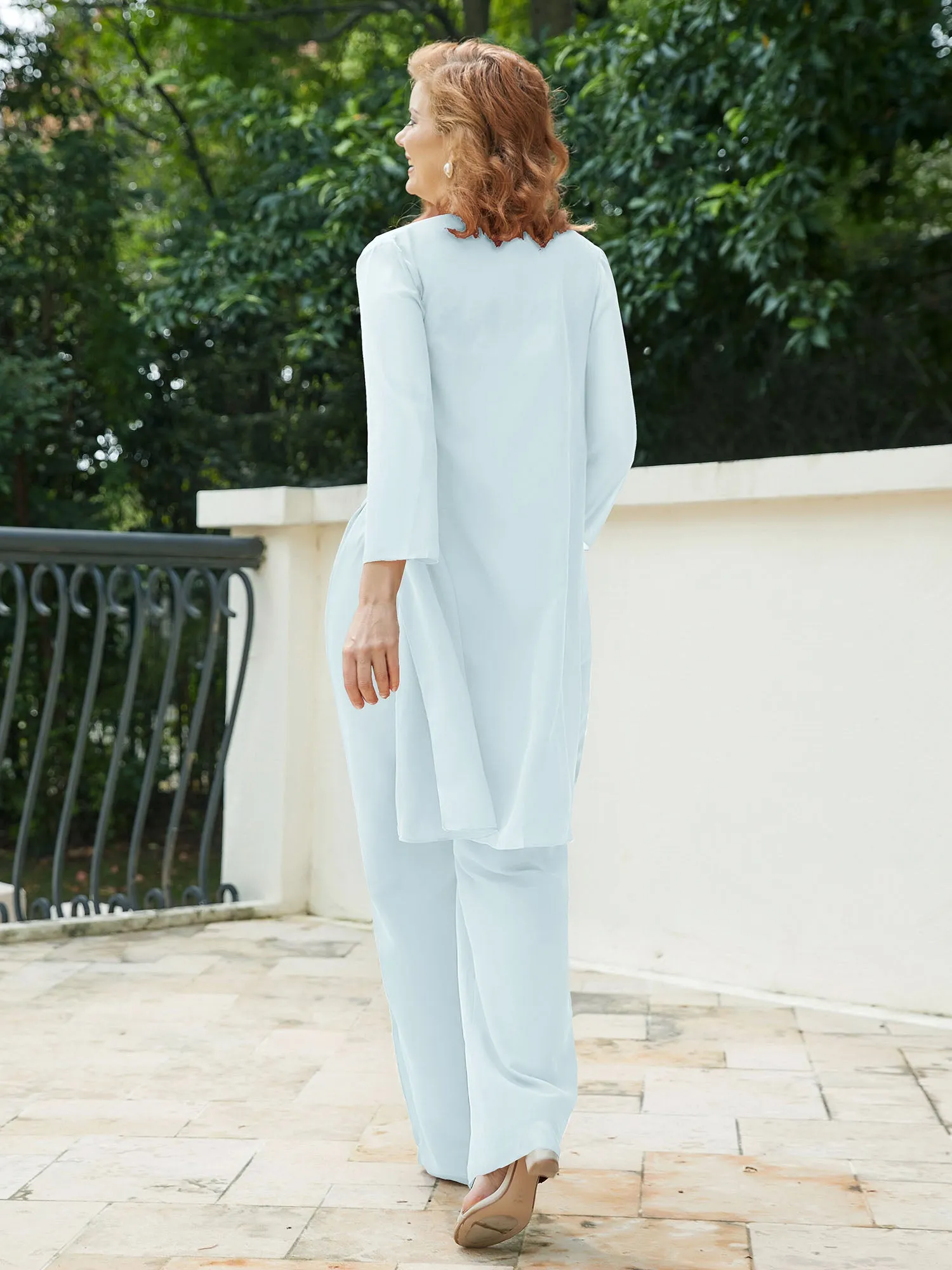 Chic Lace Top Pant Suit with Jacket Mist