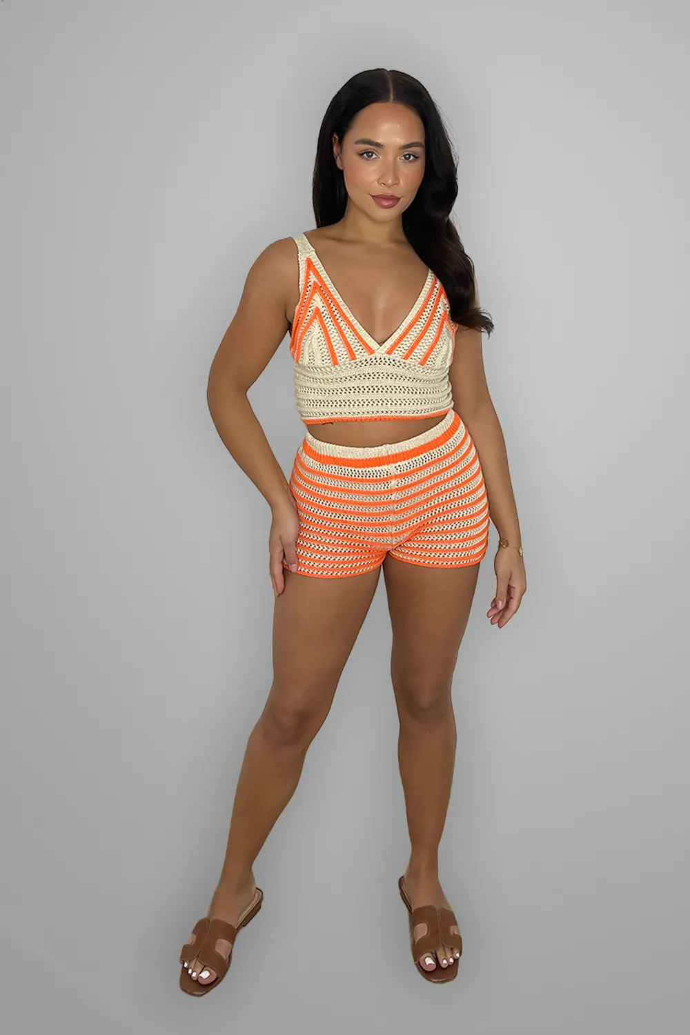 Crochet Stripe Bralette And Shorts Beachwear Coord Set