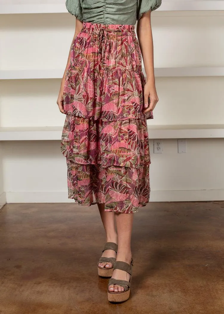 Elan Cat Ba Palm Print Tiered Midi Skirt-***FINAL SALE***