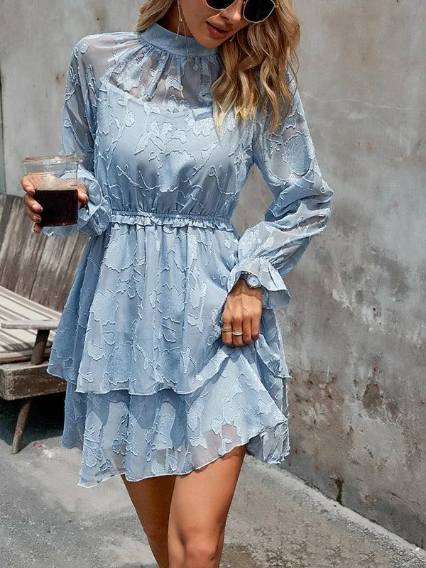Elegant Jacquard Women's Long-Sleeve Round Neck Skirt - Must-Have for Fall-Winter Fashion