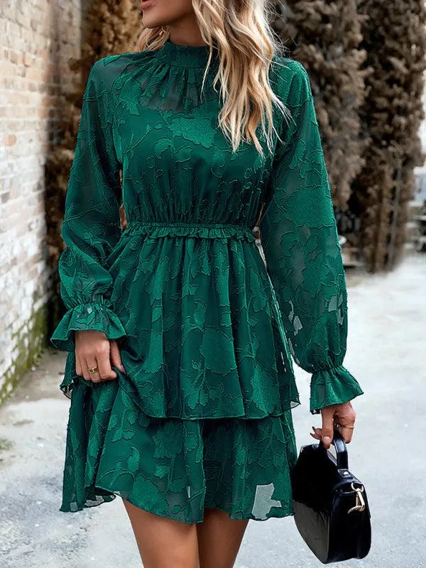 Elegant Jacquard Women's Long-Sleeve Round Neck Skirt - Must-Have for Fall-Winter Fashion