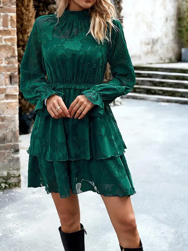 Elegant Jacquard Women's Long-Sleeve Round Neck Skirt - Must-Have for Fall-Winter Fashion