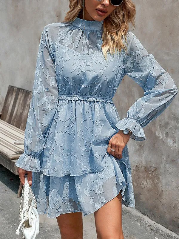 Elegant Jacquard Women's Long-Sleeve Round Neck Skirt - Must-Have for Fall-Winter Fashion