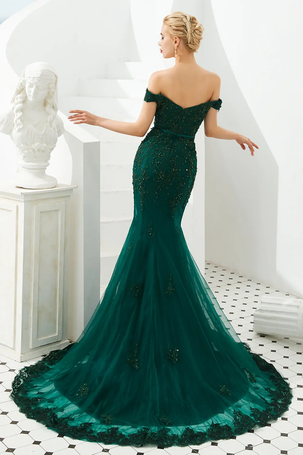 Elegant Long Mermaid Off-the-shoulder Tulle Lace Prom Dress
