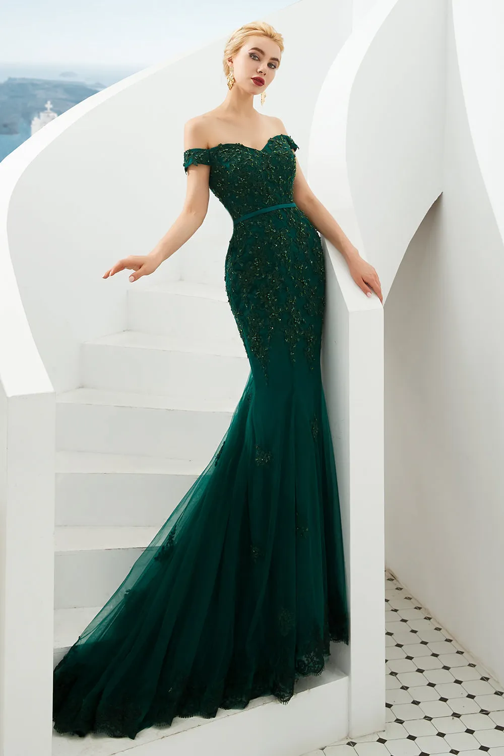 Elegant Long Mermaid Off-the-shoulder Tulle Lace Prom Dress