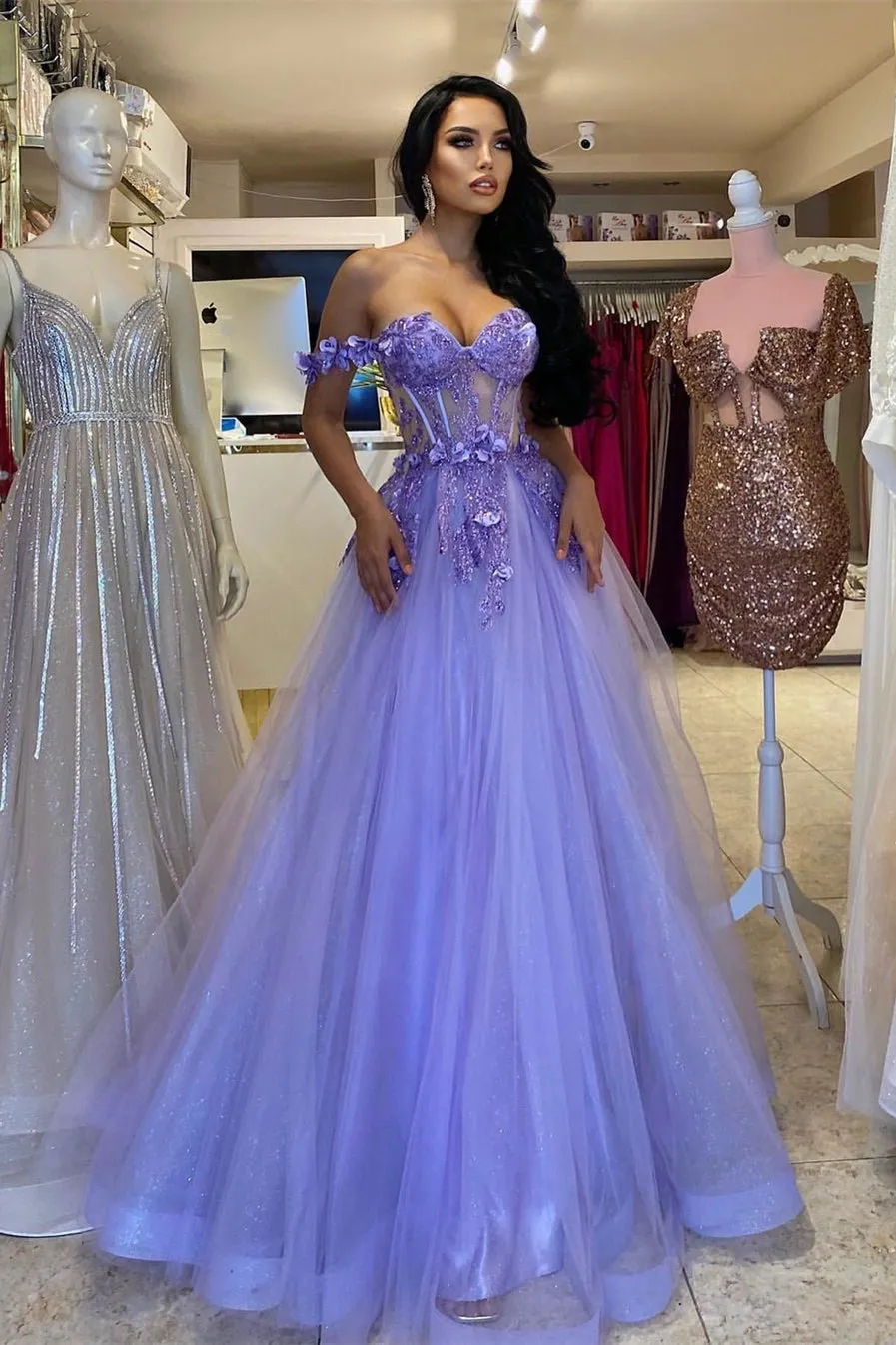 Elegant Long Purple A-line Off-the-shoulder Sleeveless Prom Dress With Lace