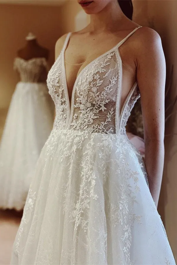 Elegant White Long A-line V-neck Tulle Backless Lace Wedding Dresses