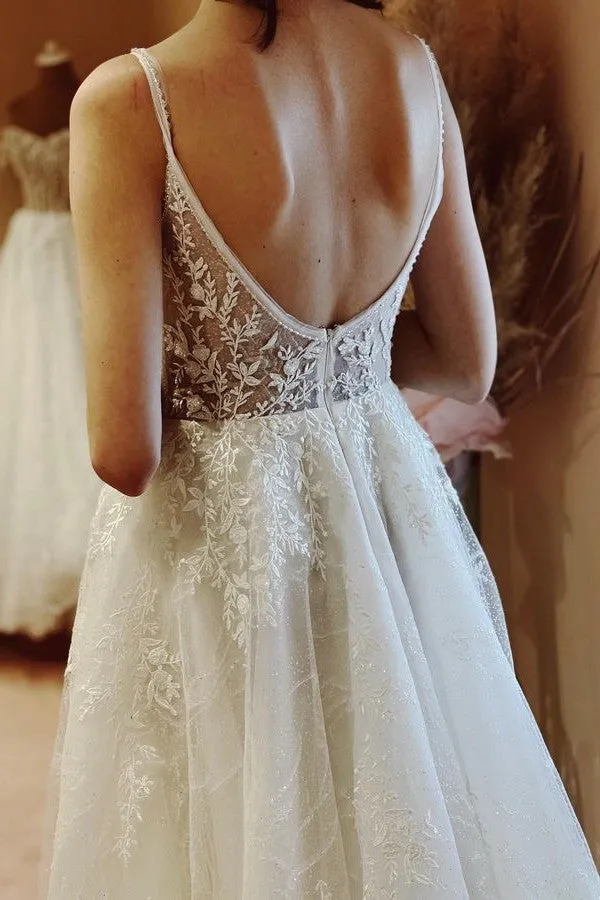Elegant White Long A-line V-neck Tulle Backless Lace Wedding Dresses