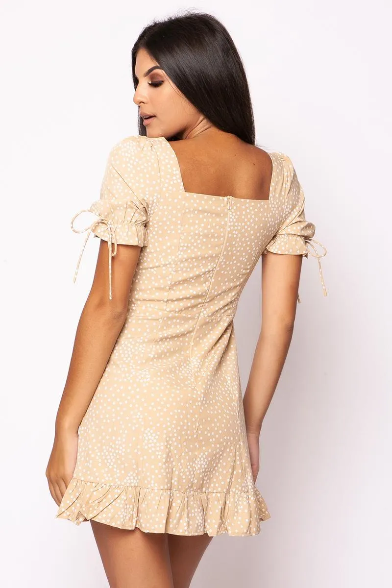 Evangeline - Nude & White Polka Dot Lace Up Dress